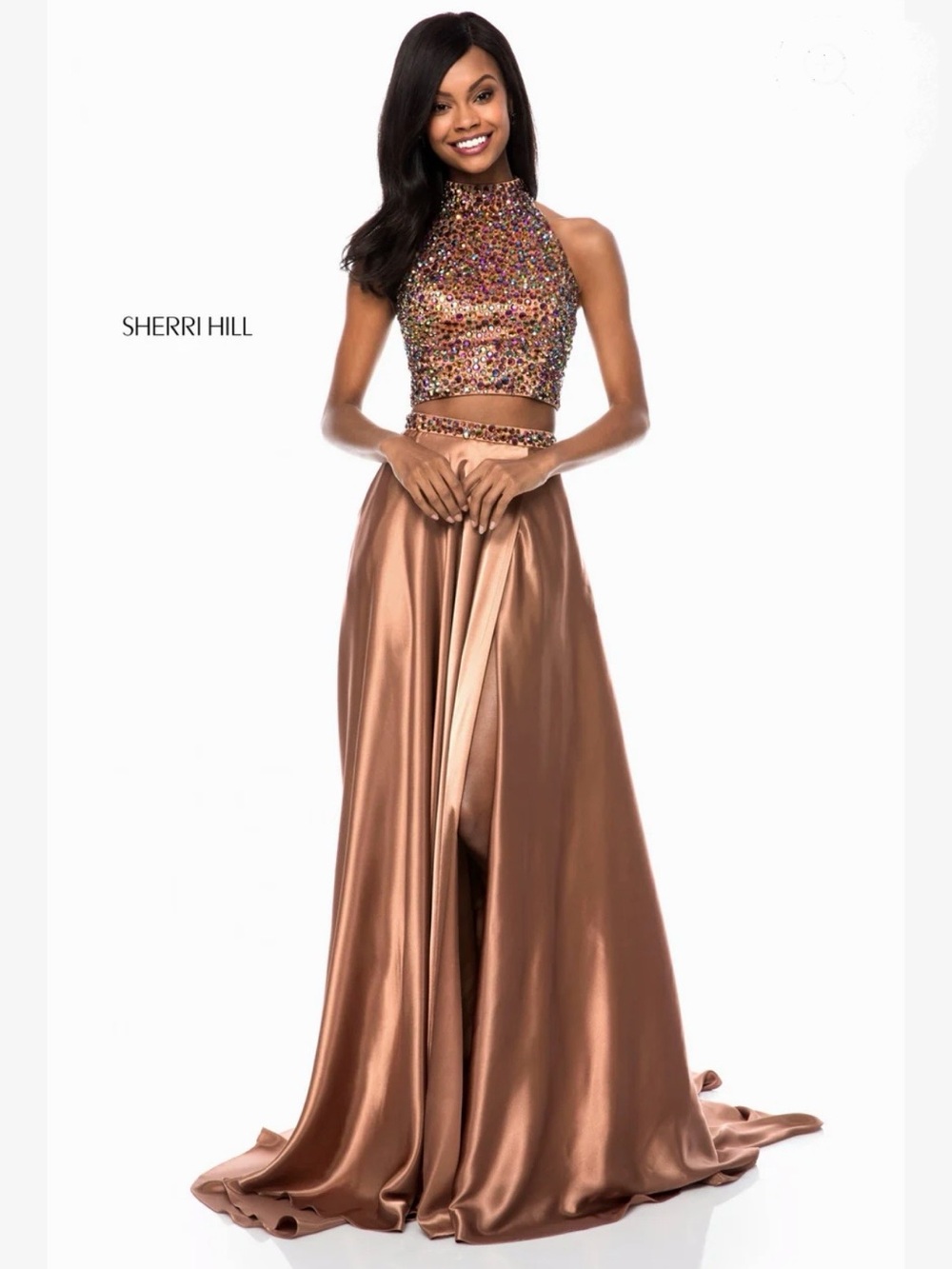 NWT $598 Sherri Hill Copper Beaded Halter Two-Piece Prom Gown Dress Maxi Satin